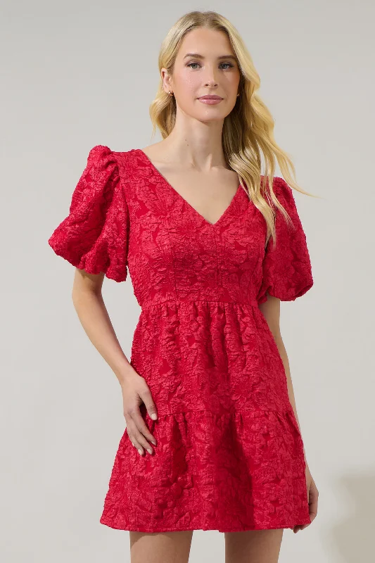 Russa May Floral Jacquard Tiered Mini Dress Casual V-Neck Mini Dress
