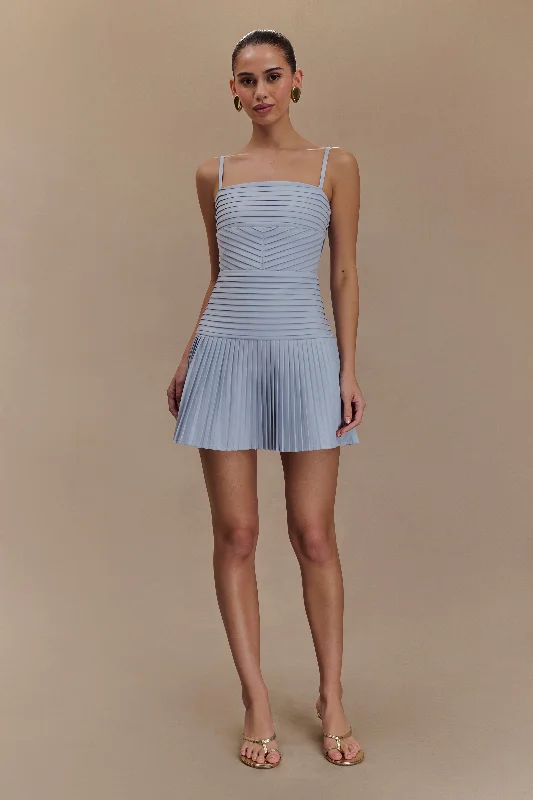 Rylee Multi Pleat Mini Dress - Ice Blue Trendy Bodycon Mini Dress