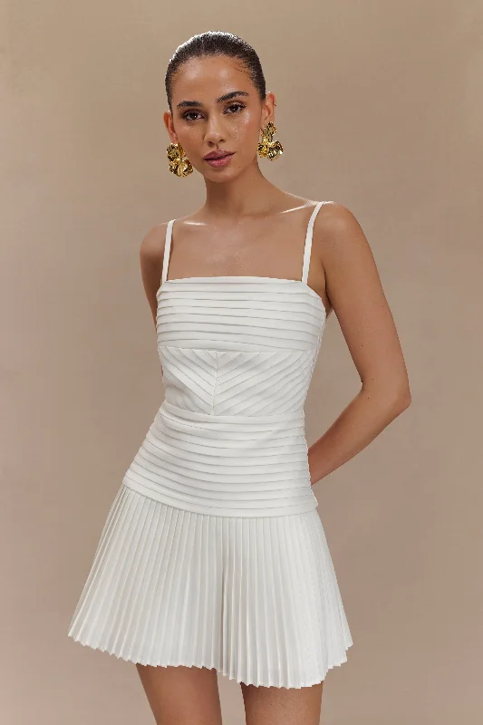 Rylee Multi Pleat Mini Dress - White Casual V-Neck Mini Dress
