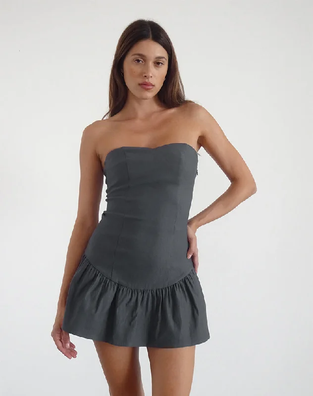 Sabina Bandeau Mini Dress in Charcoal Grey Stylish Ruffle Mini Dress