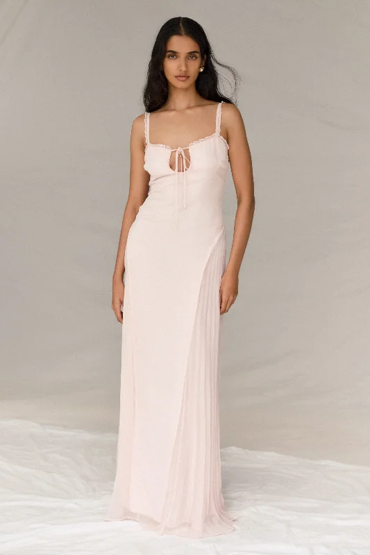 Saira Chiffon Maxi Dress - Powder Pink Cozy Open-Back Maxi Dress