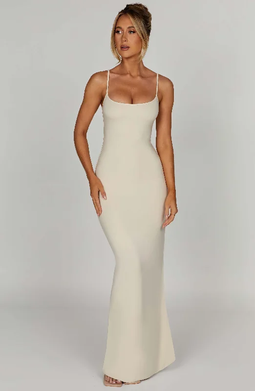 Saskia Maxi Dress - Cream Fashionable Maxi Dress with Fringe