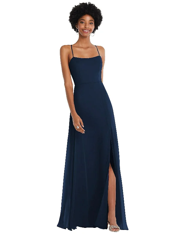 Scoop Neck Convertible Tie-Strap Maxi Dress with Front Slit Comfortable T-Shirt Maxi Dress