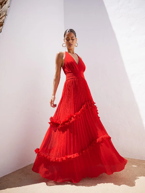 Sienna Red Pleated Frill Maxi Dress Elegant Sleeveless Maxi Dress