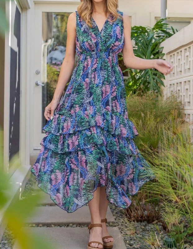 Smocked Ruffle Maxi Dress In Navy Stylish One-Shoulder Maxi Dress