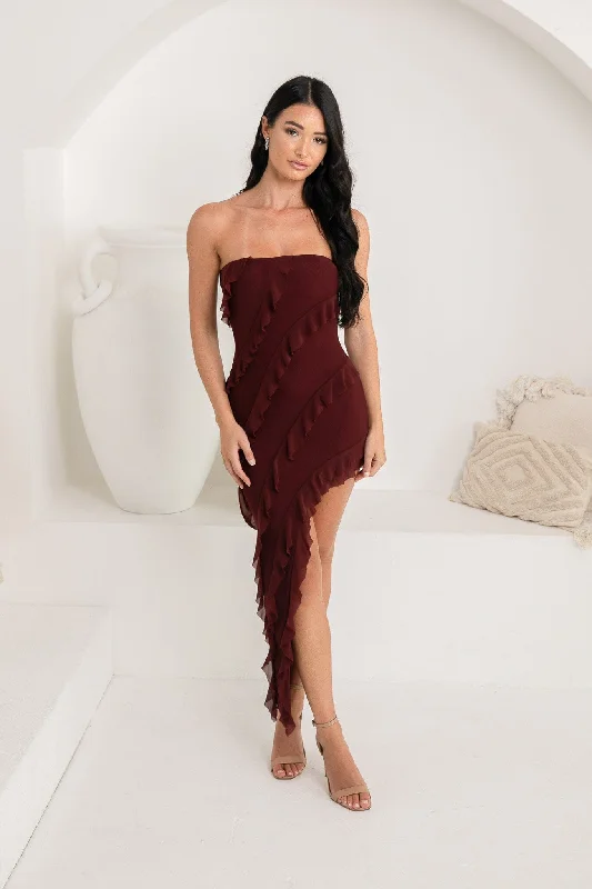 Solita Strapless Frill Detail Maxi Dress - Burgundy Elegant Floral Maxi Dress