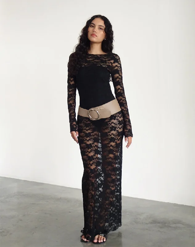 Sophie Unlined Maxi Dress in Black Jasmine Lace Elegant Maxi Dress with Pockets