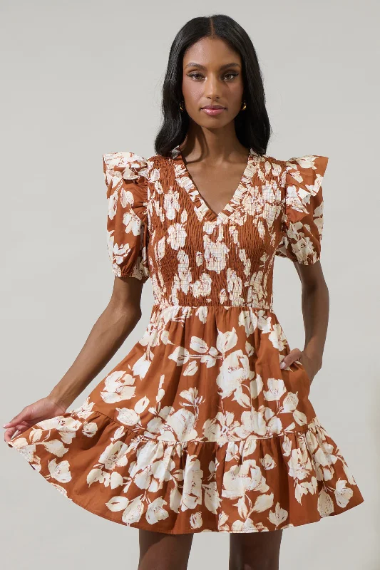 Surrey Floral Leones Smocked Mini Dress Comfortable One-Shoulder Mini Dress