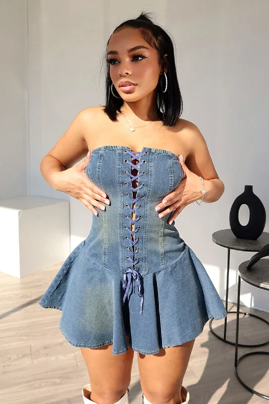 Sweet Denim Corset Flare Mini Dress Stylish Ruffle Mini Dress