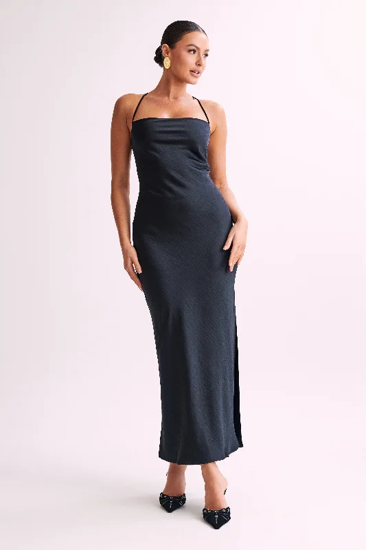 Sydney Straight Neck Slip Maxi Dress - Black Elegant Maxi Dress with Lace