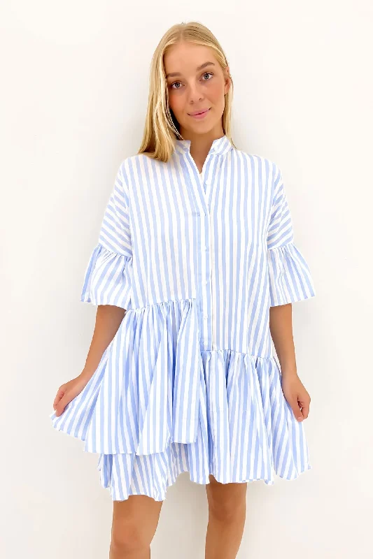 Talia Mini Dress Blue Stripe Cozy Satin Mini Dress