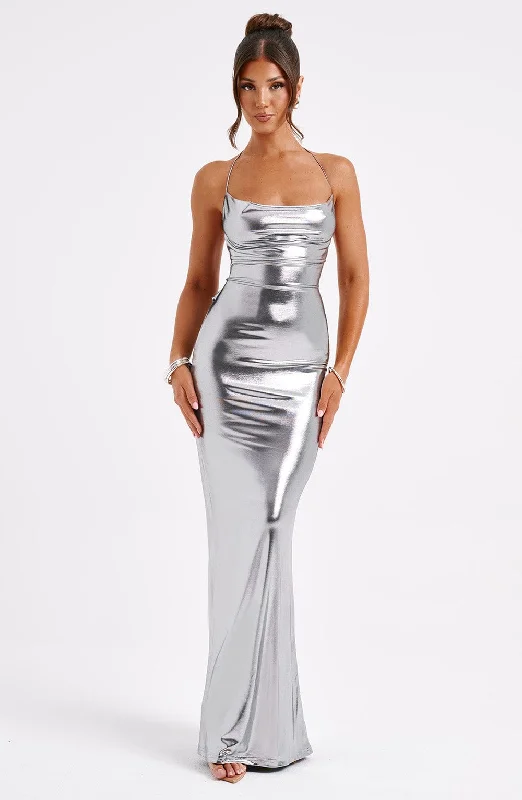 Talisa Maxi Dress - Gunmetal Elegant Maxi Dress with Ruffles
