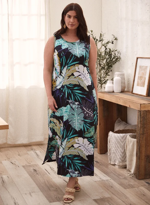 Tropical Print Maxi Dress Comfortable Long-Sleeve Maxi Dress