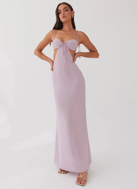 Tyra Ruched Maxi Dress - Lavender Trendy Maxi Dress with Bow