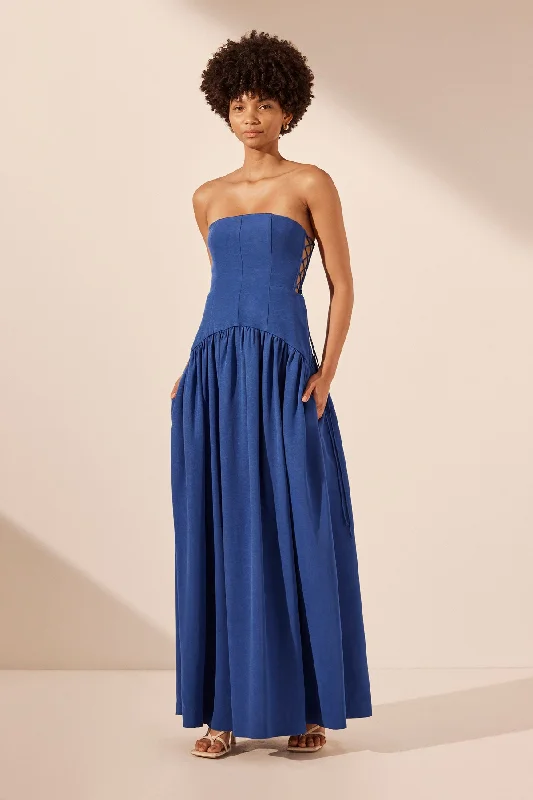 VENTO LACE UP STRAPLESS MAXI DRESS - COBALT Cozy Maxi Dress with Slit