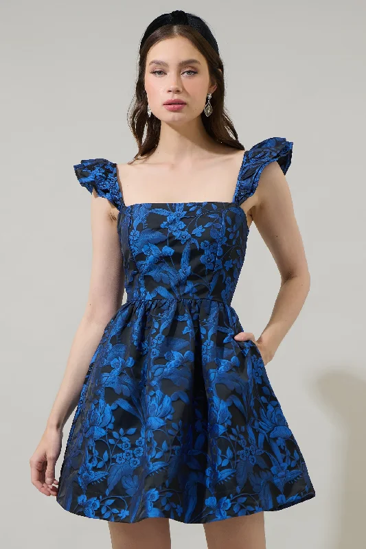 Vernonia Floral Jacquard Ruffle Mini Dress Fashionable Mini Dress with Slits