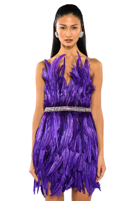 VIBRANT ALL OVER FEATHER STRAPLESS MINI DRESS Trendy Button-Detail Mini Dress