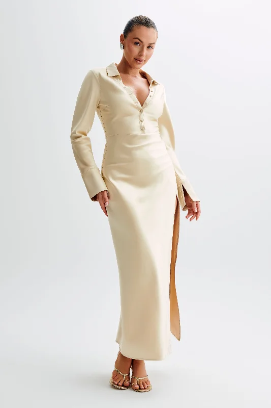 Whitley Satin Collared Maxi Dress - Gold Fashionable Chiffon Maxi Dress