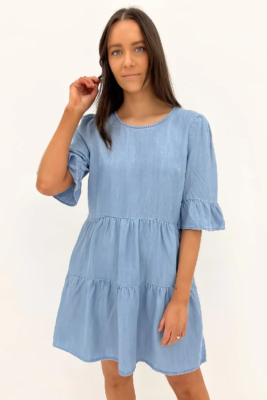 Willow Tiered Mini Dress Blue Wash Trendy Tulle Mini Dress