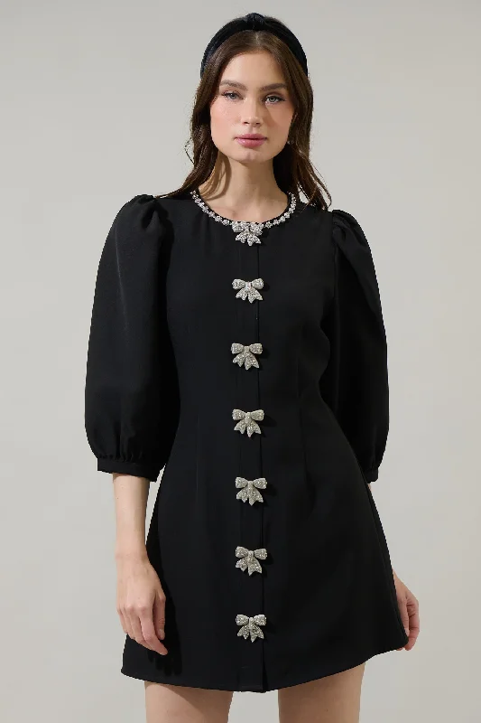 Winona Rhinestone Bow A-Line Mini Dress Casual Button-Up Mini Dress