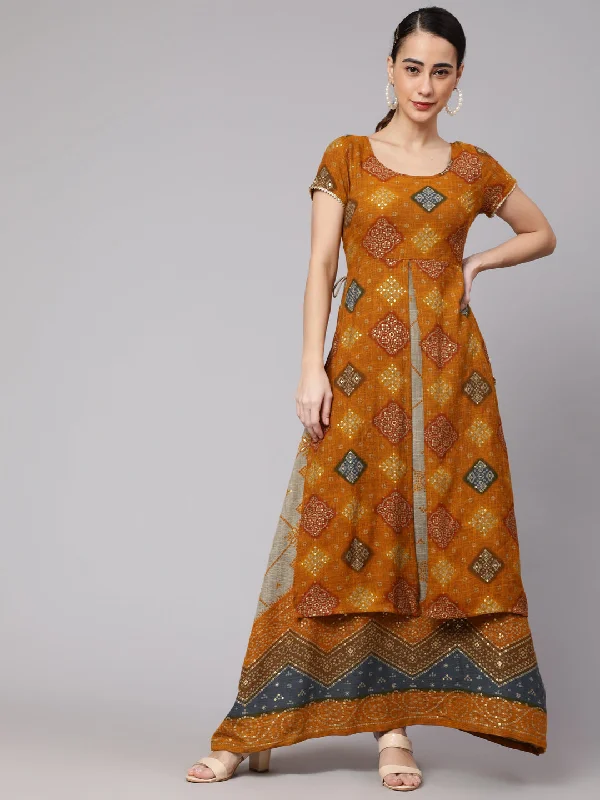 Women's Mustard Bandhani Printed Layered Maxi Dress - Aks Elegant Floral Maxi Dress