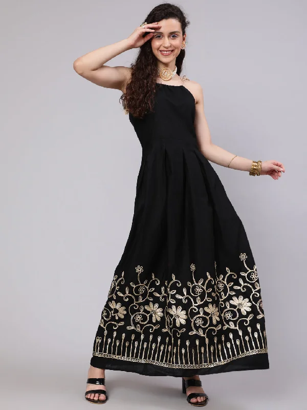 Women's Black Gota Embroidered Maxi Dress  - Aks Elegant Maxi Dress with Drapes