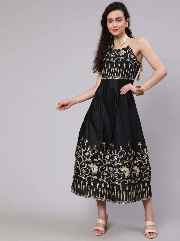 Women's Black Gota Embroidered Maxi Dress  - Aks Cozy Maxi Dress with Slit