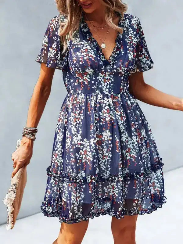 Women’s Floral Print Flutter Sleeve Faux Wrap Mini Dress Stylish Summer Mini Dress