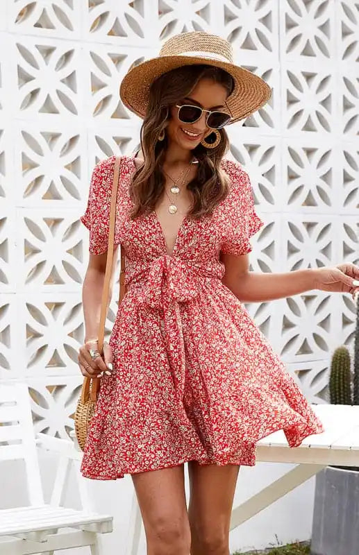 Women’s Floral Print Tie Front Short Sleeve Mini Dress Fashionable Mini Dress with Slits