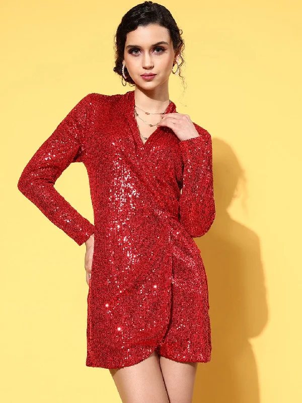 Women's Red Sequin Wrap Mini Dress - Lyush Trendy Mini Dress with Belt