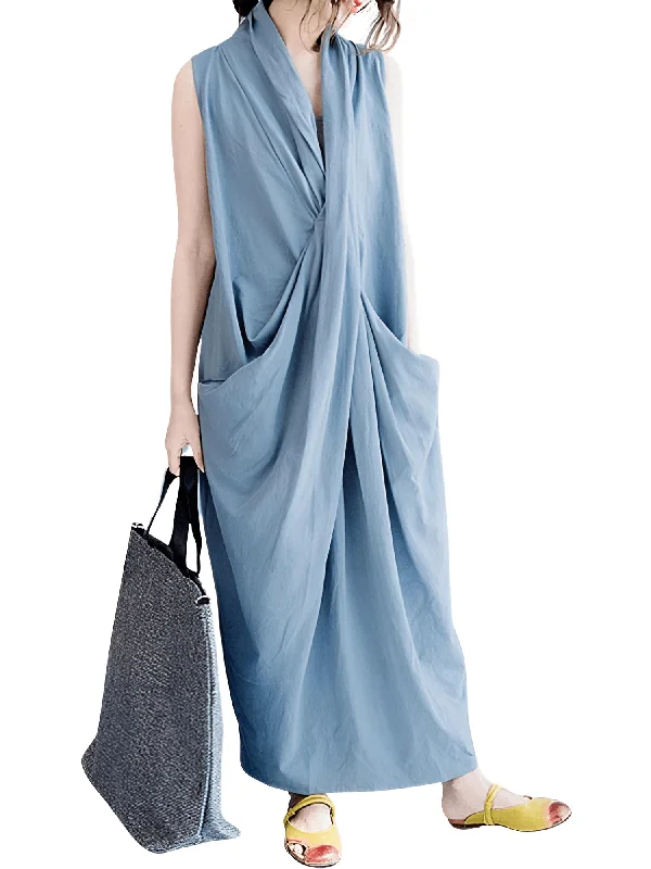 Women's Oversize Asymmetrical Maxi Dress V Neck Sleeveless Baggy Dress With Pockets Chic Sleeveless Maxi Dress