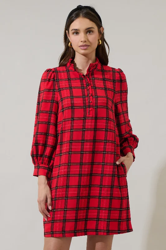 Woodland Red Plaid Lorna Shift Mini Dress Comfortable Bodycon Mini Dress
