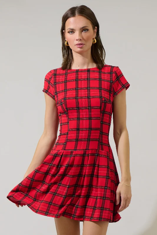 Woodland Red Plaid Mali Pleated Mini Dress Stylish Button-Down Mini Dress