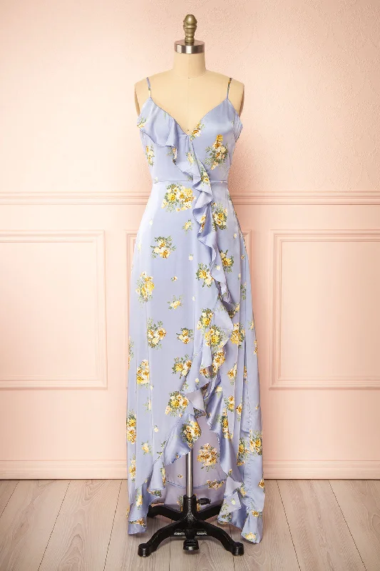 Yzila | Floral Blue Maxi Dress w/ Ruffles Trendy Maxi Dress with Straps