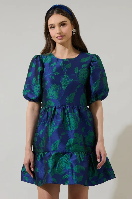 Zoe Jacquard Mila Bubble Sleeve Mini Dress Comfortable One-Shoulder Mini Dress