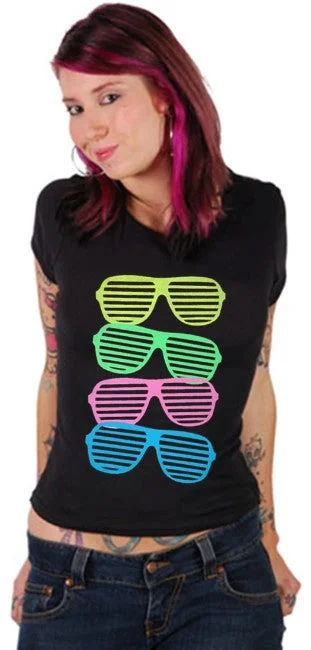 80's Style Sunglasses Black Light Responsive Girls T-Shirt Chenille Brocade Lace