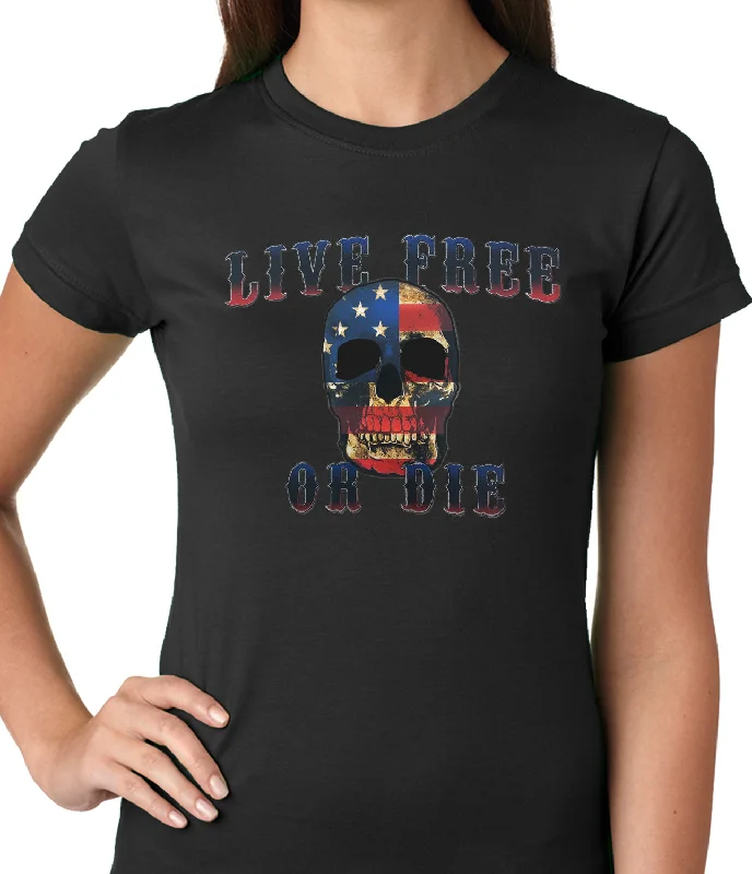 American Flag Skull - Live Free or Die Ladies T-shirt Welt Pockets Slit Pockets