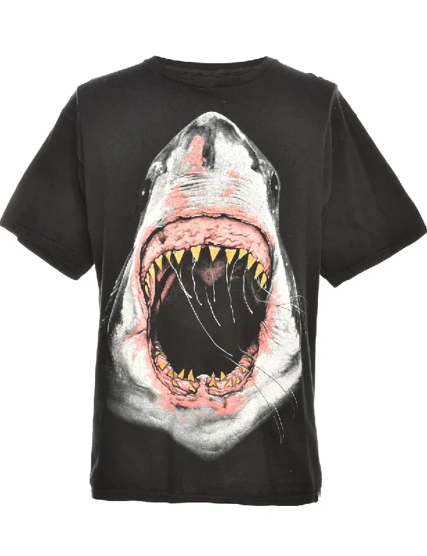 Black Shark Animal T-shirt - M Zippered Front Buttoned Front Snap Front