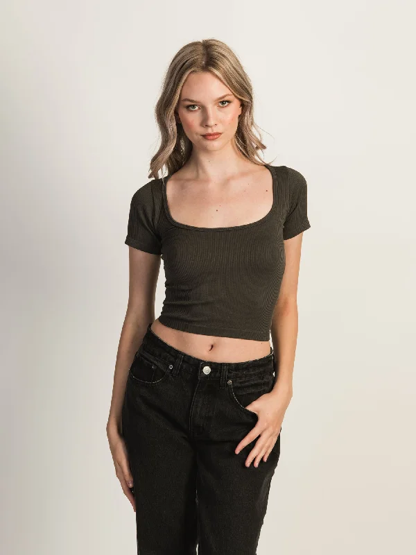 HARLOW SQUARENECK SEAMLESS TEE - CHARCOAL Embroidered Appliqued Beaded