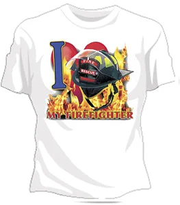 I Love MY Firefighter Girls T-Shirt Front Pockets Side Pockets Patch Pockets