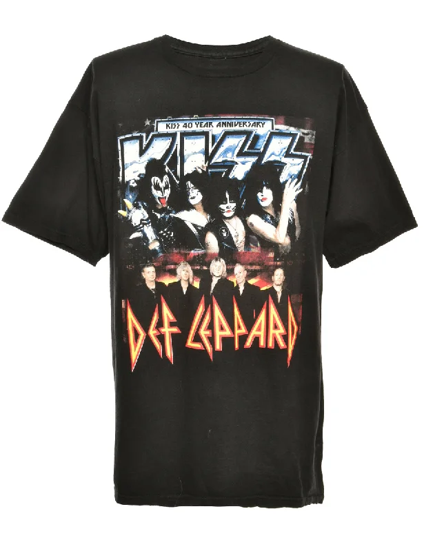 Kiss Def Leppard Print Black Band T-shirt - M Rayon Velvet Corduroy