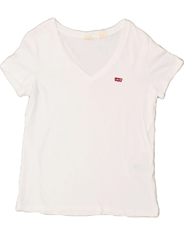 LEVI'S Womens T-Shirt Top UK 14 Medium White Cotton V-Neck T-Shirt Long Sleeve Cotton