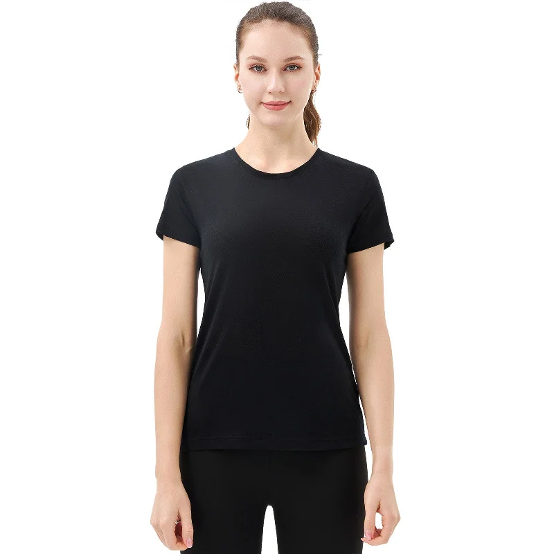 Women’s 100% Merino Wool T-Shirt Black -MT28 V-Neck T-Shirt Long Sleeve Cotton