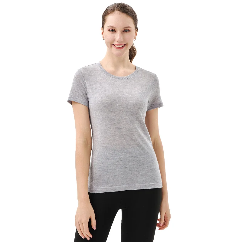 Women’s 100% Merino Wool T-Shirt Grey Marle - MT28 Print Jacquard Patchwork