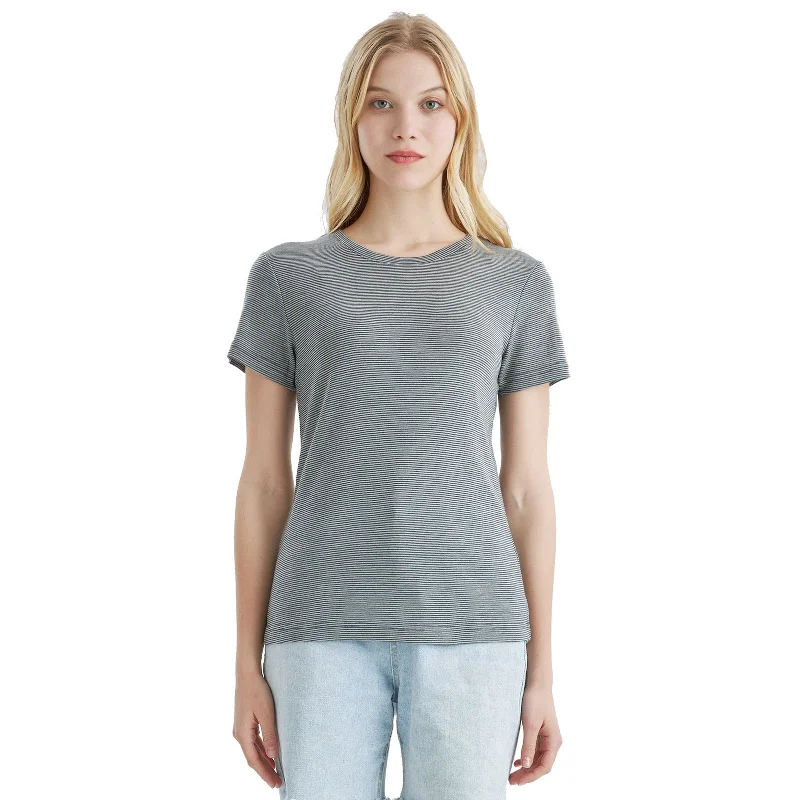 Women’s  100% Merino Wool T-Shirt Dusty Teal Stripes - MT34 Graphic Embroidered Appliqued