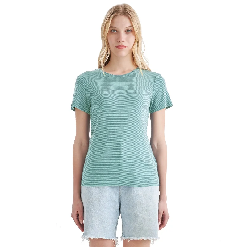 Women’s  100% Merino Wool T-Shirt Light Dusty Teal Stripes - MT34 Mesh Fabric Canvas Fabric Denim Fabric