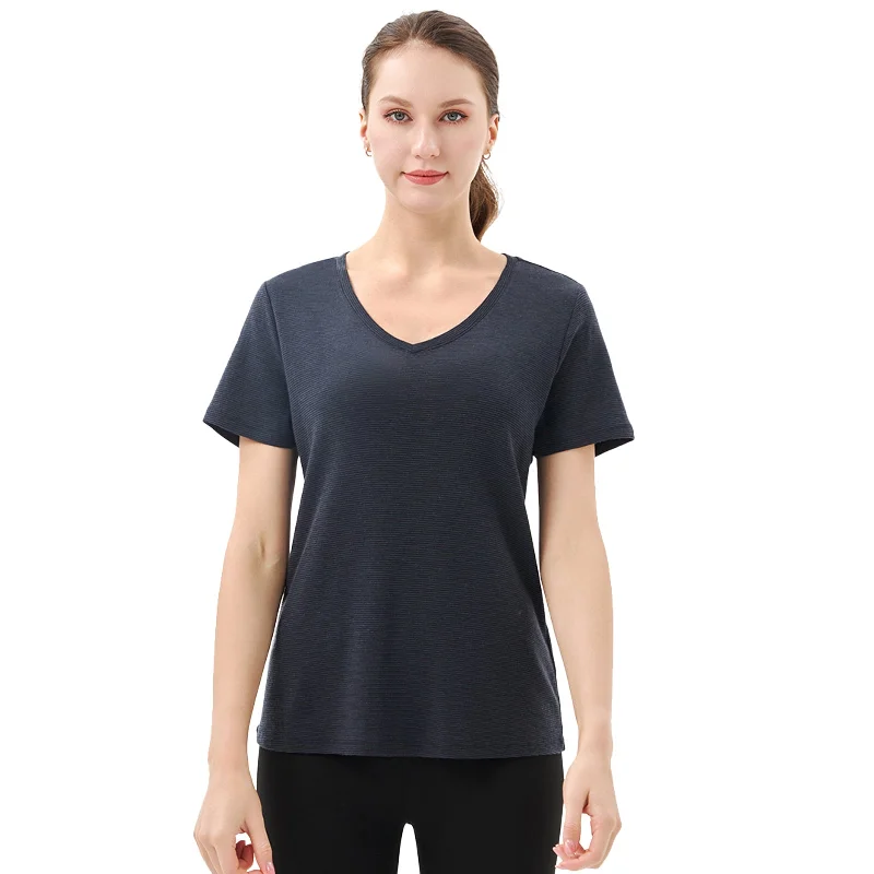 Women’s 100% Merino Wool V Neck T-Shirt Black Grey Stripes - MT35 Hooded Caped Shawl Collar