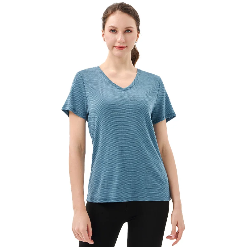 Women’s 100% Merino Wool V Neck T-Shirt Blue Grey Stripes - MT35 Casual Formal Business