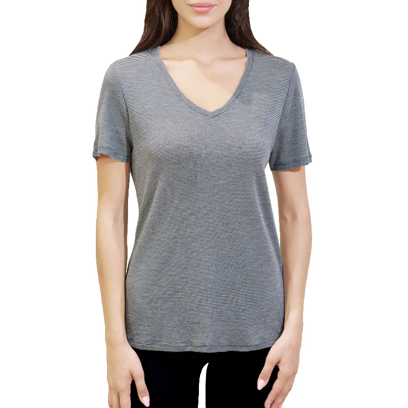 Women’s 100% Merino Wool V Neck T-Shirt Dusty Teal Stripes - MT35 Silk Blend Satin Velvet