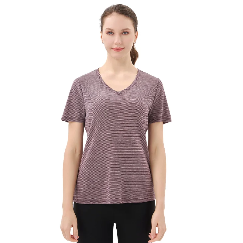 Women’s  100% Merino Wool V Neck T-Shirt Fig Grey Stripes - MT35 Graphic T-Shirt Round Neck Polyester